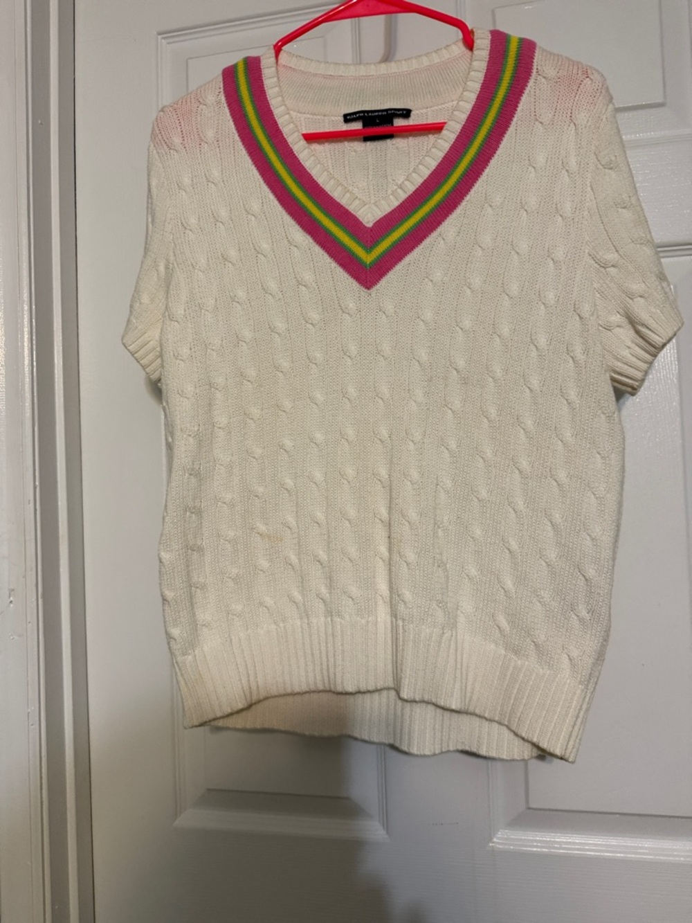Polo Ralph Lauren Ivory Cable-Knit V-Neck Sweater with Pink & Green Trim